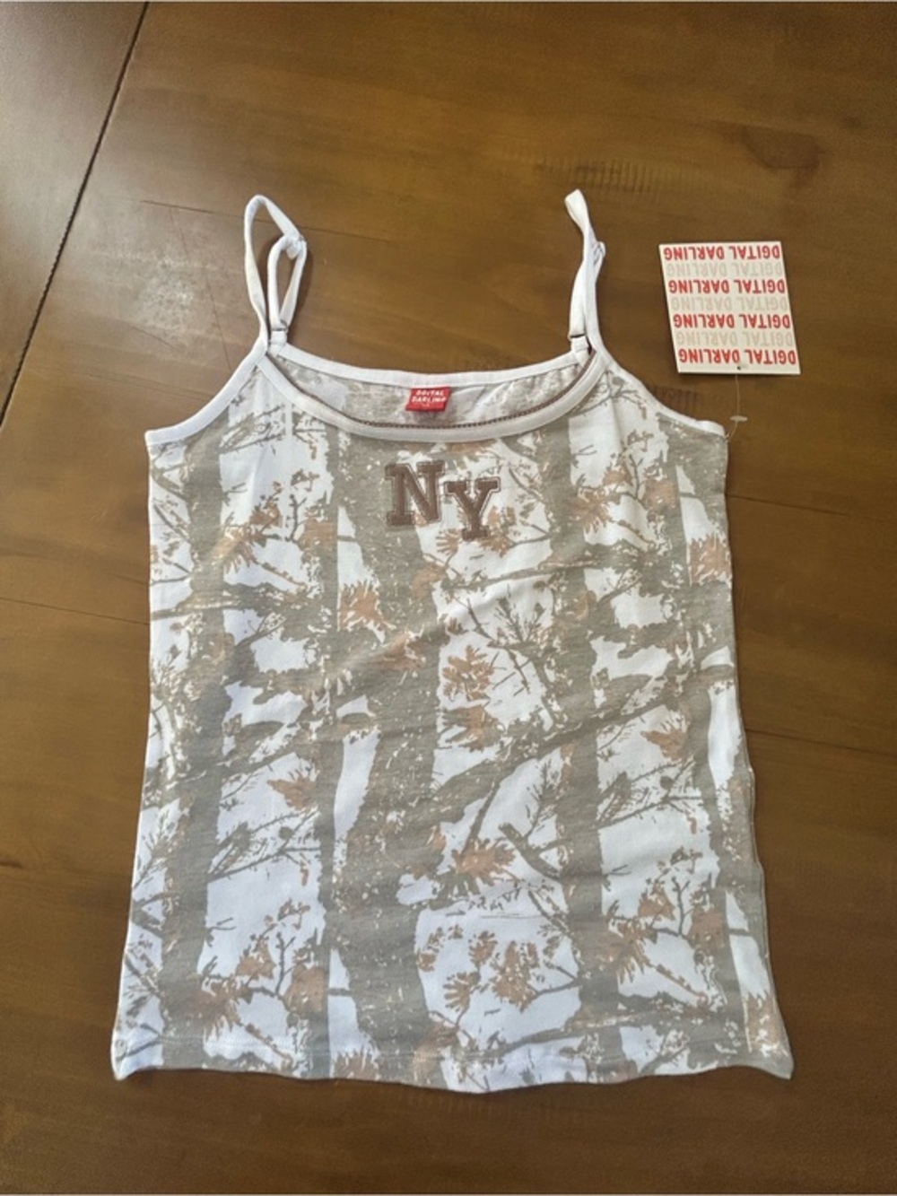 NWT NY Logo White and Tan Print Cami Tank Top